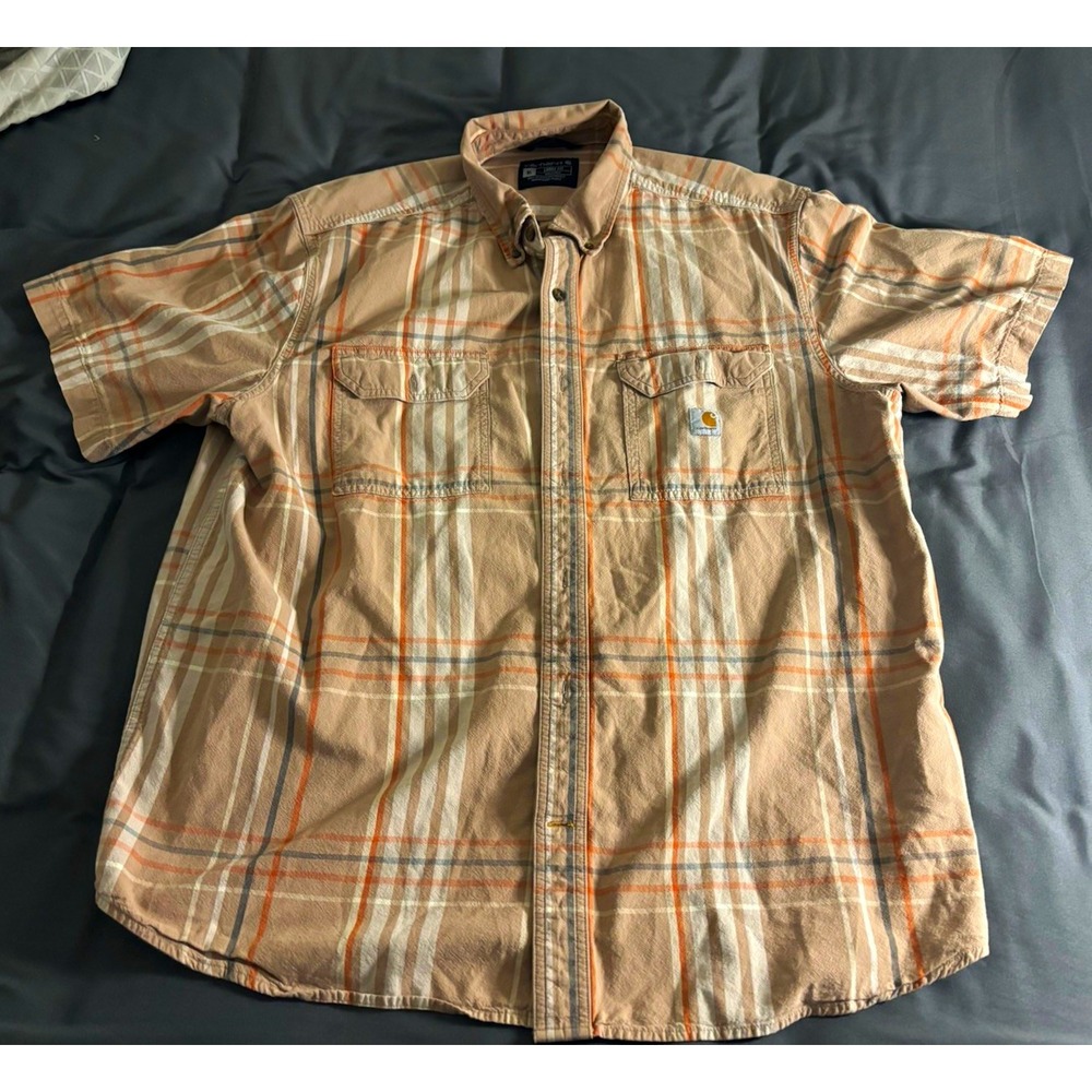 Carhartt Loose Fit Plaid Button-Up Shirt Mens XL Beige Gray Orange Cotton Pocket